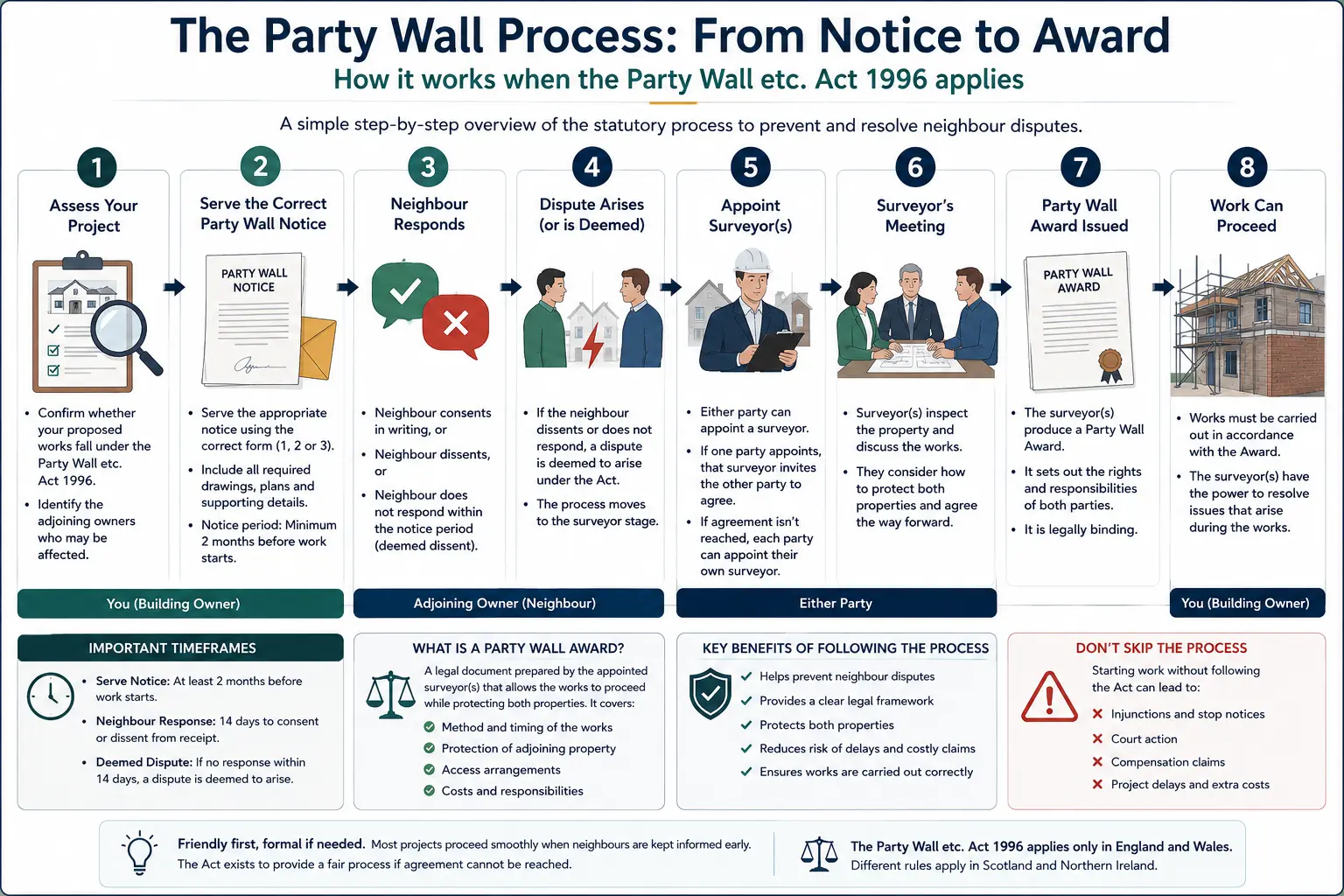 Do I Need a Party Wall Agreement? An infographic showing the party wall process from notice to award in a very interactive way for the citizens living in Guildford, UK