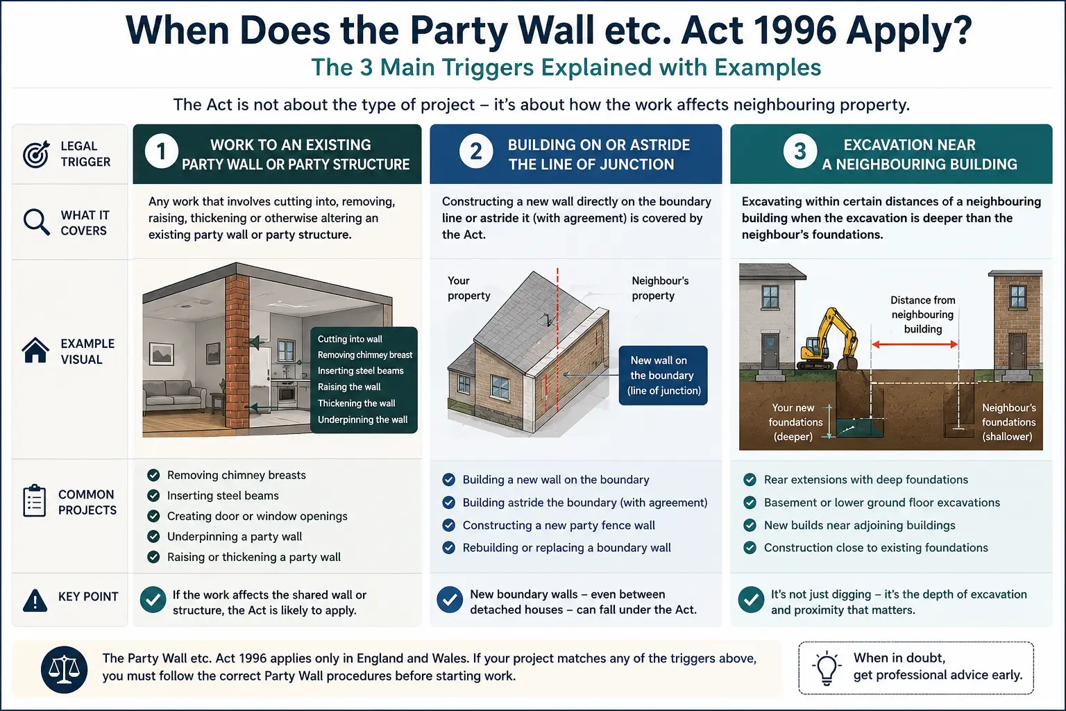 Do I Need a Party Wall Agreement? An infographic showing when does the party wall etc act 1996 apply like excavation, junction, painting, in Guildford, UK